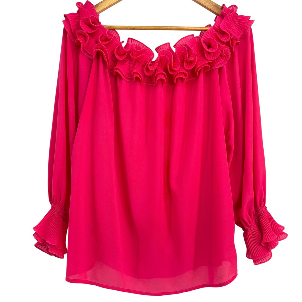 Vine & Love Ruffle Off Shoulder Blouse Flowy Romantic Top Large‎ Fuchsia Silky